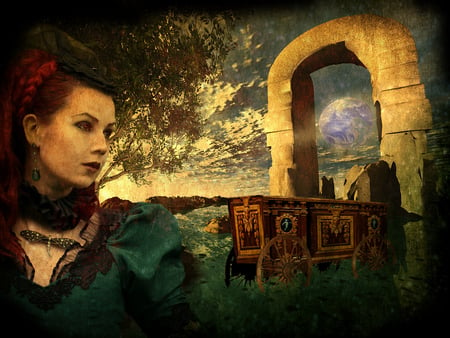 Memories... - beauty, women, sky, lady, trees, gate, dali, fantasy, abstract, clouds, 3d, beautiful, carriage, green, memories