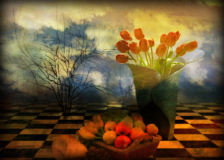 Lovely spring tulips - blue, spring, apples, red, fruits, clouds, vase, abstract, sesons, colors, lovely, still life, floor, bananas, basket, colorful, white, tulips, 3d, day