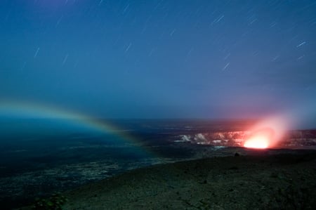 Rainbow Volcano - volcano, glow, sky, rainbow, heat, fire