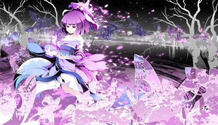 The Butterfly Dance - saigyouji yuyuko - touhou, purple, trees, kimono, flowers, saigyouji yuyuko, butterflies