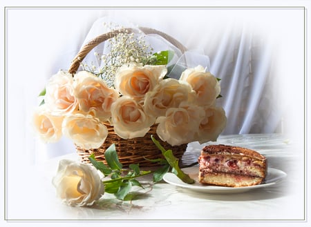 still life - nice, roses, photography, bouquet, basket, still life, rose, cool, harmony, gentle, cake, beautiful, dessert, flowers, photo, flower, elegantly