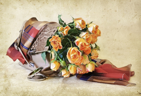 still life - elegantly, roses, photo, gentle, flowers, mirror, nice, beautiful, photography, cool, still life, flower, bouquet, harmony, handbag, scarf, rose