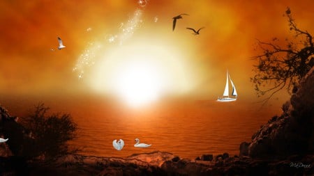 Sailboat and Swans - moon, birds, mystic, boat, sea, firefox persona, sailing, sailboat, sun, sky