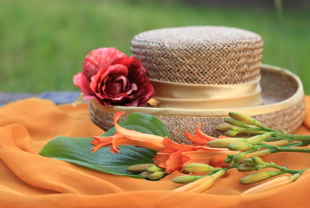 womans touch - lilies, hat, still life, rose, womans, red, beautiful, orange, shawl