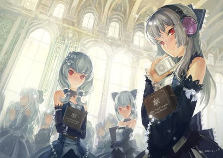 pixiv fantasia school - red eyes, headphones, long hair, ipod, book, silver hair, pixiv fantasia, dress