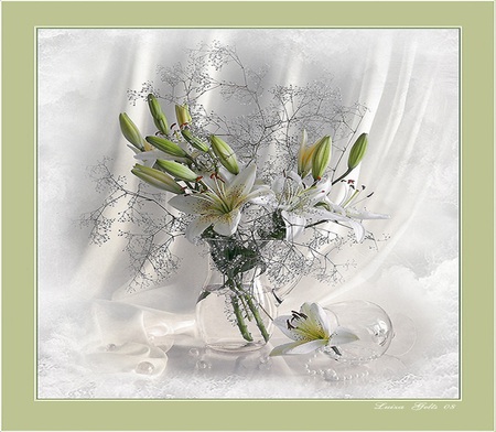 Classic beauty - flowers, vase, silk, white, buds, lillies