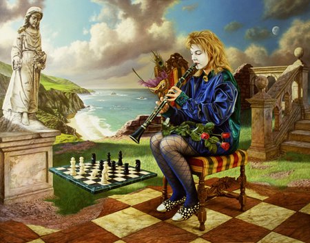 Incantation - moon, woman, chess, cloud, statue, clarinet, rose, coast