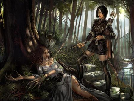 hunt - abstract, warrior, wolf, girl, beauty, forest, hunt, girls, river, fantasy, wallpaper