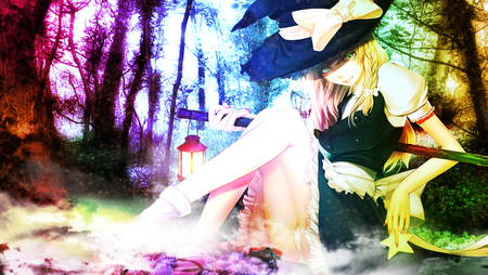 It's magic - anime, multicolor, magic, female, dress, lamp, forest, light, plant, magical, long hair, mist, ribbon, color, woods, abstract, anime girl, hot, girl, blonde hair, tree, witch, colorful, fantasy, cute, sexy