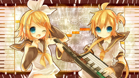 Chibi Twins - anime, vocaloid, yellow, kagamine, yellow theme, girl, guy, happy, rin, twins, chibi, yellow hair, smiling, len