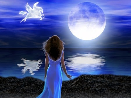 A MAGICAL NIGHT - moon, sky, ocean, female, reflection, magical, night, pegasus