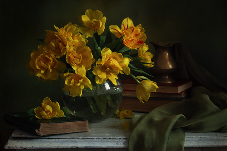 Still life (yellow flowers) - beauty, yellow flowers, photography, still life, vase, cloth, books, flowers, photo