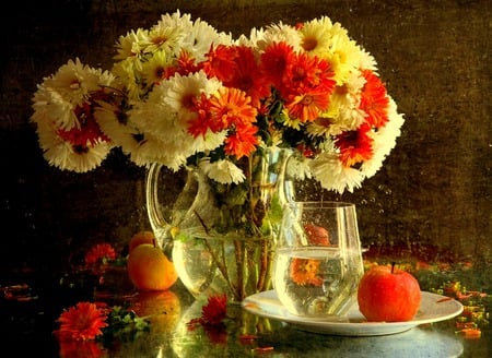 Dewy Reflection - pitcher, vase, water, droplets, still life, flowers, plate, mirror, dew, apple, glass