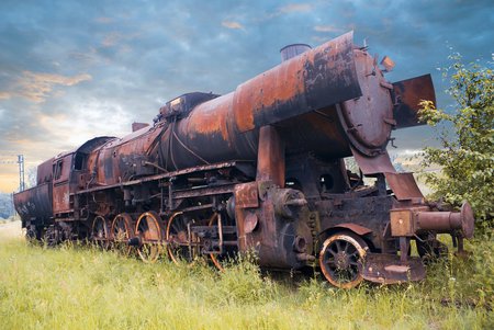 Old and Rusty Steam Engine - clouds, locomotive, engine, old, grass, rusty