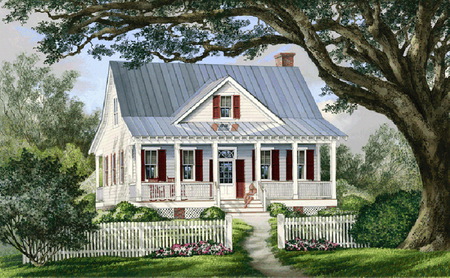 The little White house - blue roof, white house, fence, gate, porch, summer, tree