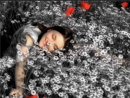 Lovin spring - field, woman, happy daisies, red flowers