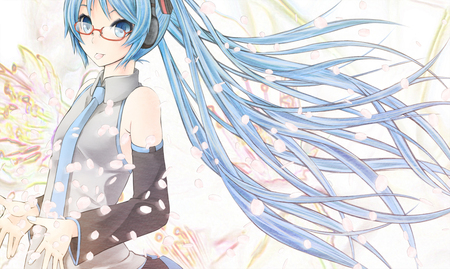 Hatsune Miku - virtual, miku, glasses, vocaloids, song, microphone, uniform, singer, gray, cool, pink, headphones, awesome, flowers, vocaloid, anime, twintail, petals, skirt, aqua hair, sakura petals, hatsune, black, cute, beautiful, girl, anime girl, wings, white, program, aqua eyes, pretty, wind, aqua, beauty, sakura, diva, nice, tie, idol, headset, music, angel, hatsune miku