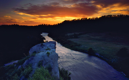 welcome home - calm, clouds, water, forest, river, sunset, field, good, sky