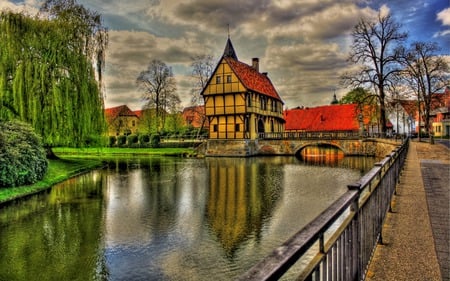 Beautiful Place - beauty, sky, trees, peaceful, water, colorful, road, view, reflection, river, clouds, architecture, green, house, grass, bridge, houses, lovely, nature, town, beautiful, leaves, colors