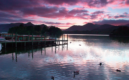 Sunset - beauty, sky, duck, trees, peaceful, water, mountains, view, purple, reflection, clouds, boat, birds, lake, boats, landscape, lovely, nature, ducks, pier, pink, beautiful, splendor, colors