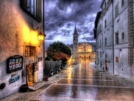 Beautiful Place - window, church, religious, rain, streets, house, lanterns, road, beauty, colors, architecture, nature, rainy, lights, italy, alley, town, evening, italia, walk, old, view, houses, sky, clouds, trees, beautiful, buildings, lovely, lantern, street, colorful, peaceful