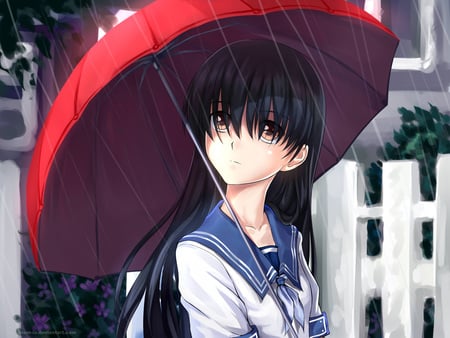 Anime - anime, umbrella, red, rain