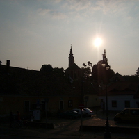 Church towers at sunset