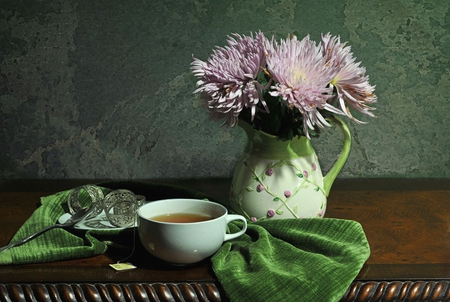 tea time - vase, beautiful, tea, pink, flowers, white, shawl, green, teacup