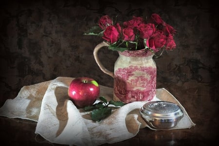 roses & apple - apple, red, roses, beautiful, vase, still life