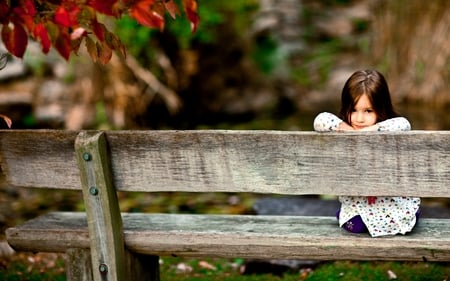 I CAN'T WAIT FOR SPRING! - sitting, board, girl, park, bench, kids, wood, forest, mood, smile, photo, look