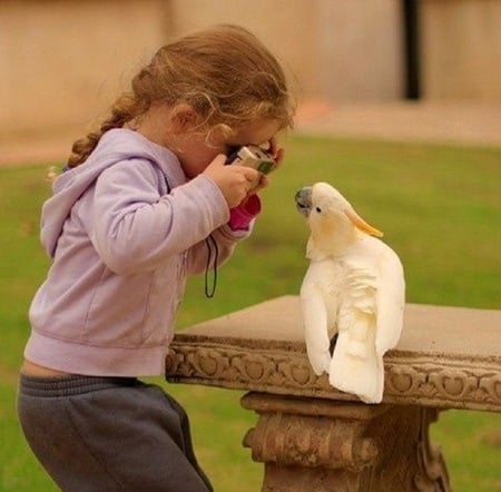 Say cheese - smiley, parrot, child, friends, sweet, cute, coupls, bird