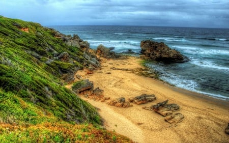 Beautiful - beach, grass, sand, view, sky, storm, clouds, beautiful, sea, stormy, beauty, colors, lovely, ocean, nature, green, waves, peaceful, rocks