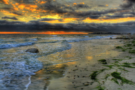 Sunset - beach, reflection, sand, view, sky, storm, clouds, beautiful, sea, stormy, beauty, colors, lovely, ocean, stones, colorful, nature, sunset, waves, peaceful