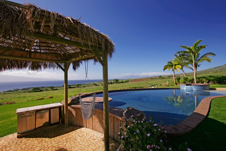 Summer Time - relax, summer, blue, grass, reflection, flowers, view, gazebo, paradise, sky, clouds, trees, water, beautiful, hammock, beauty, resort, lovely, nature, pool, green, peaceful