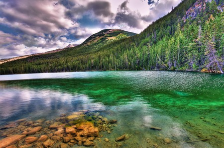 Beautiful Place - beauty, sky, trees, peaceful, water, mountains, view, reflection, clouds, green, lake, landscape, lovely, nature, woods, forest, beautiful, splendor, stones, colors