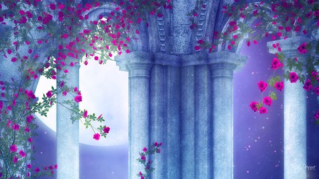 Roses and Arches - moon, sky, blues, goth, summer, grecian, gothic, spring, flowers, firefox persona, red roses