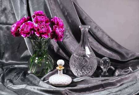 grey silk - flowers, vase, silk, grey, beautiful, red, still life