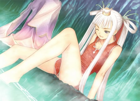 By the hot sauna - girl, rain, little hat, twintails, water, long hair, sauna, red swimsuiet, anime