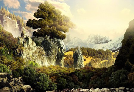 a surreal like landscape - trees, landscape, sun, mountains, carvings, beautifu, fantasy, rocks, nature, gorgeous