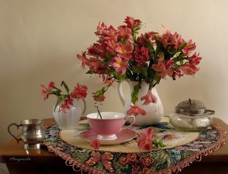 still life - elegantly, pink, photo, gentle, flowers, nice, sugar, vase, beautiful, coffee, photography, tea, cool, still life, flower, bouquet, drink, harmony, cup