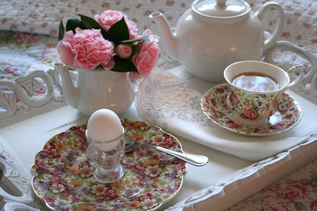 still life - nice, spoon, photography, bouquet, rose, still life, tray, white, teapot, peonies, breakfast, cool, porcelain service, kettle, egg, harmony, drink, tea, saucer, gentle, cup, pink, beautiful, flowers, plate, chintz, flower, elegantly