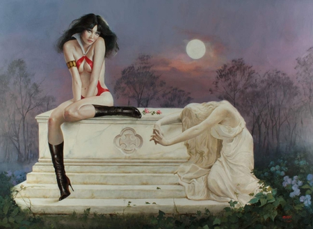 Vampirella~Weeps - vampire, moon, weeps, tomb, vampirella