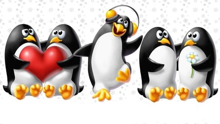 Penguins in Love - love, cartoon, winter, music, penguins, cold, snow, firefox persona, flower