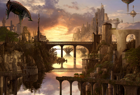 Paradise - paradise, river, dragon, steam punk, waterfall, buildings, bridge