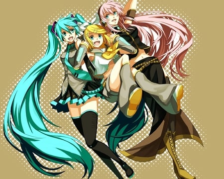 Miku,Rin,and Luka - luka, rin, yellow, pink, vocaloid, blue, miku