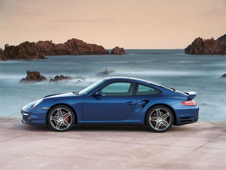 911 Turbo - porsche, rocks, water, blue