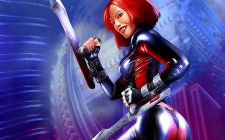 Redhead-with-Blades - red, blades, latex, fangs