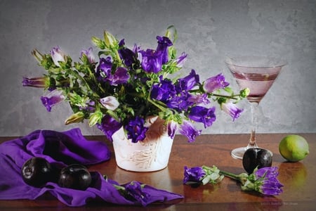 purple afternoon - purple, silk, beautiful, fruits, afternoon, flowers, vase