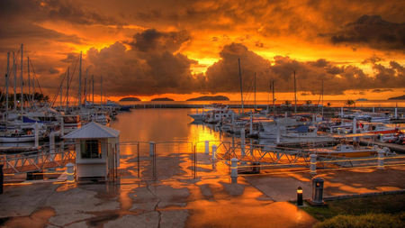 Fiery Sunset Harbor - fiery sunset, boats, beautiful, water, harbor, sunset