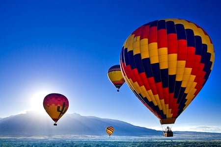 SKY TRAVELLERS - sunlight, hot air, coloful, balloons, travel, mountain, sky